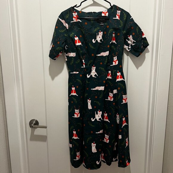 ModCloth x Collectif 'Festive Felines' Size US 10 Retro Swing Dress in Green - Picture 6 of 7